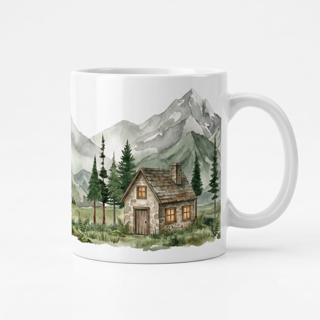 PebbleHead Cabin & Mountain Watercolor Ceramic Coffee Mug (325 ml)